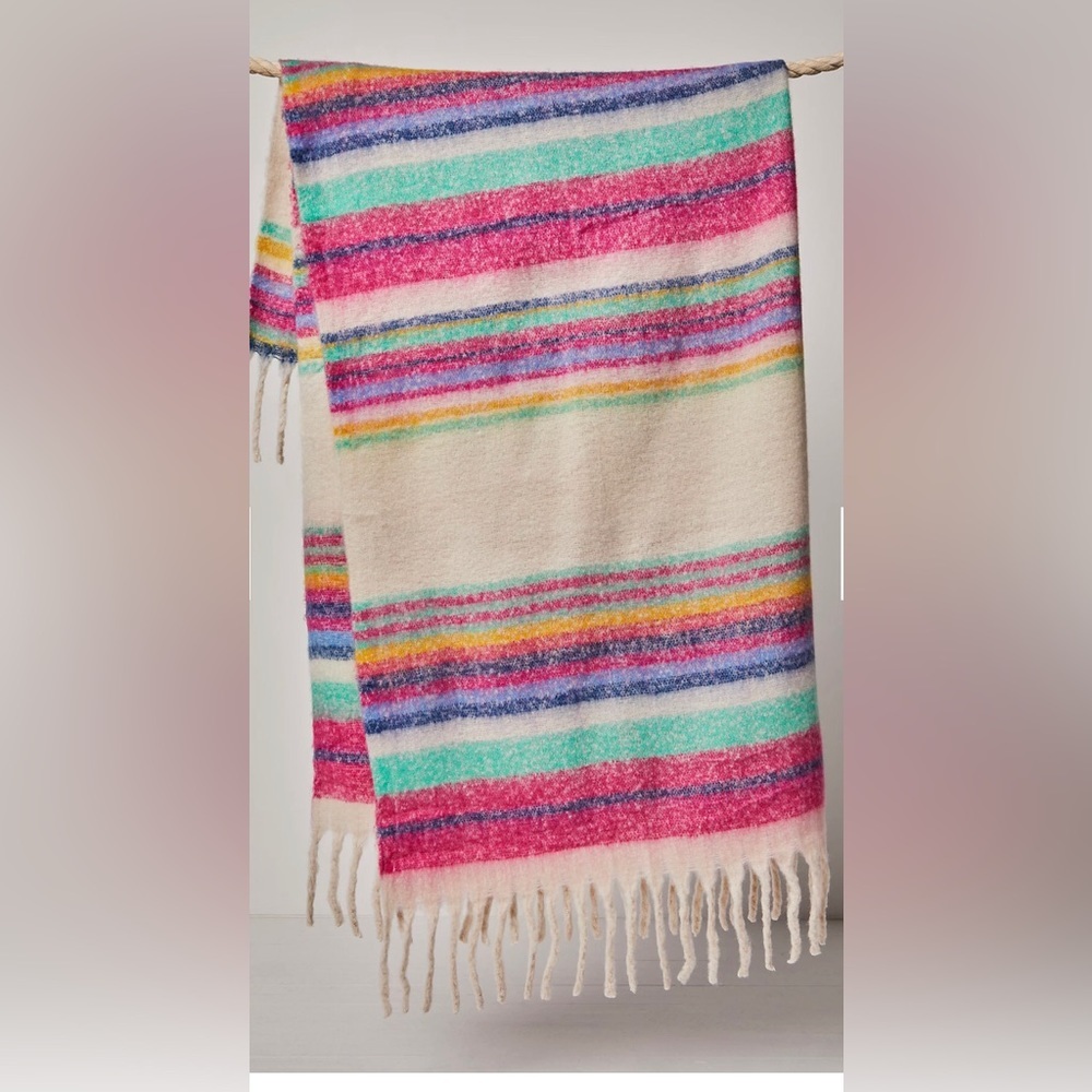 Free People FP Collection Ivory Multi Fringe Throw Blanket new One‎ Size